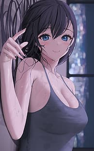 anime kızlar, orijinal karakterler, Tokkihouse, göğüs dekoltesi, göğüsler, mavi gözlü, gülümseyen, HD masaüstü duvar kağıdı HD wallpaper