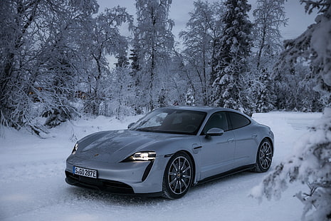 Porsche, Porsche Taycan 4S, Car, Snow, Sport Car, Vehicle, White Car, Winter, HD тапет HD wallpaper