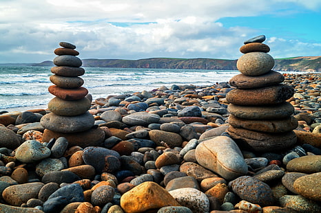 low angle photography of two piles of stones near seashore during daytime, balance, zen-like, stability, nature, pebble, rock - Object, stone - Object, stack, sea, harmony, stack Rock, tranquil Scene, beach, heap, buddhism, arrangement, relaxation, HD wallpaper HD wallpaper