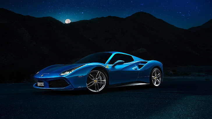 blue car, ferrari, ferrari 458, coupe, supercar, ferrari 488 spyder, sports car, darkness, moon, HD wallpaper