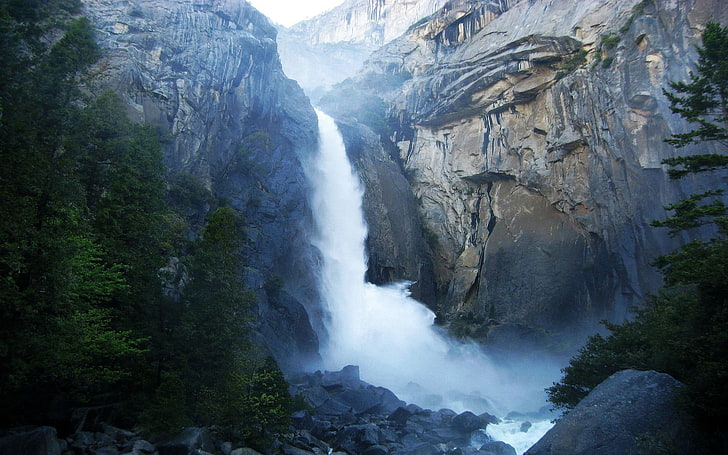 зелено дърво, водопад, планини, природа, национален парк Йосемити, HD тапет