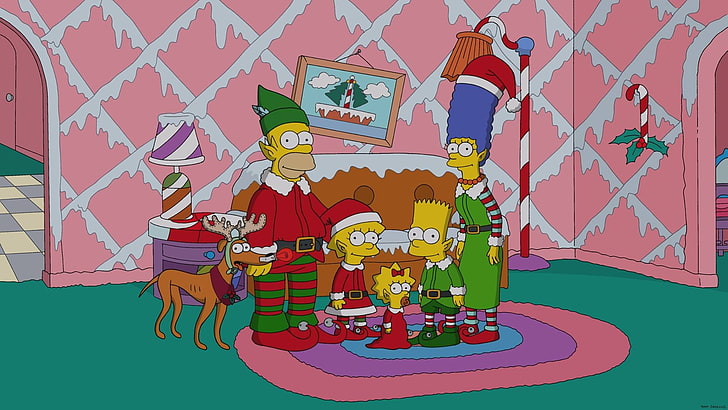 L'affiche des Simpsons, Les Simpsons, Homer Simpson, Lisa Simpson, Maggie Simpson, Bart Simpson, Marge Simpson, chien, Fond d'écran HD