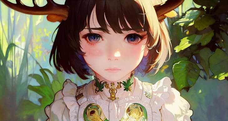AI-generated, women, antlers, looking at viewer, frills, leaves, fantasy girl, short hair, face, HD wallpaper