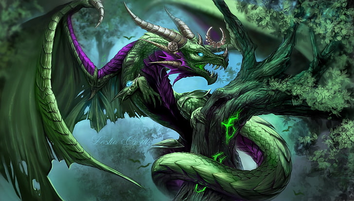 ysera, World of Warcraft, Hearthstone: Heroes of Warcraft, obra de arte, arte de fantasía, dragón, árboles, verde, Fondo de pantalla HD