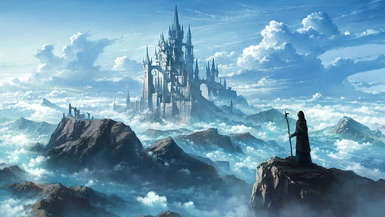 sky, castle, wanderer, fantasy landscape, fantasy art, mountain, cg artwork, HD wallpaper HD wallpaper