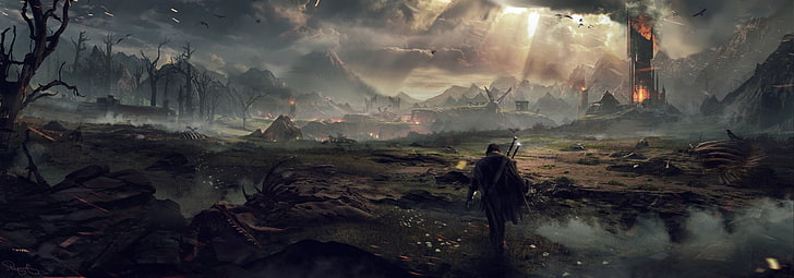 Konsep Seni, elang, api, Middle earth: Shadow Of Mordor, skeleton, sword, The Lord Of The Rings, video game, Wallpaper HD