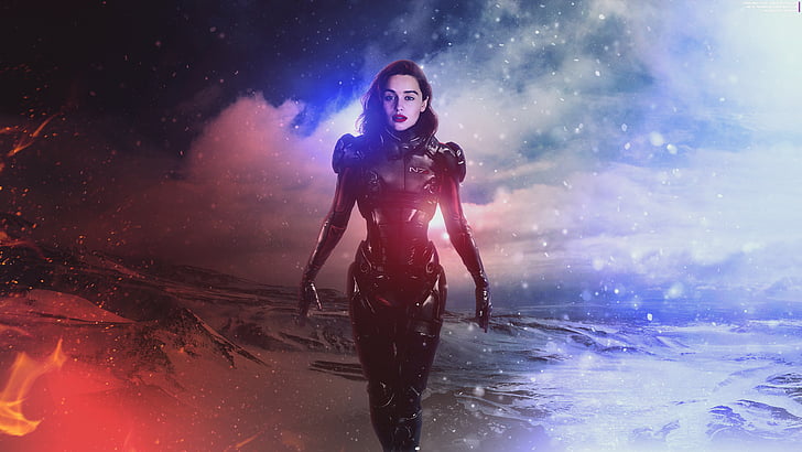 woman wears black leather suit on snow field, Emilia Clarke, Shepard, Mass Effect, 4K, HD wallpaper