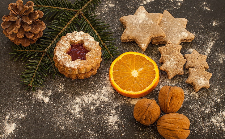 Christmas Scents, Holidays, Christmas, Orange, Stars, Time, Fruit, Decoration, Sweet, cookies, Celebration, confectionery, Food, juicy, Wintertime, nuts, bake, traditionally, baking, advent, nutrition, walnuts, vitaminC, pinecones, vitamins, smallcakes, pastries, products, needlebranch, fruitbowl, icingsugar, vanillekipferl, HD wallpaper