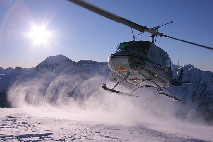 太陽、山、Bell Helicopter Textron、UH-1 Iroquois (Huey)、雪塵、 HDデスクトップの壁紙