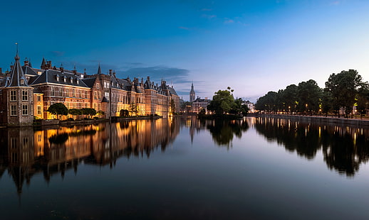 drzewa, jezioro, staw, odbicie, budynek, Holandia, Haga, Binnenhof, jezioro Hofvijver, Hofvijver, Tapety HD HD wallpaper