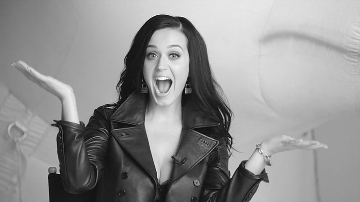 grayscale photo of woman, Katy Perry, singer, monochrome, black coat, laughing, black hair, HD wallpaper