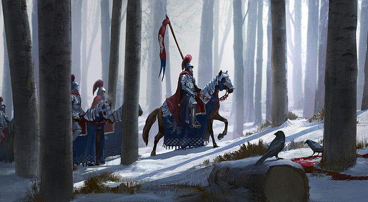 馬のイラスト、アートワーク、ファンタジーアート、騎士、馬、雪、木、森、カラスに乗って銀の騎士、 HDデスクトップの壁紙