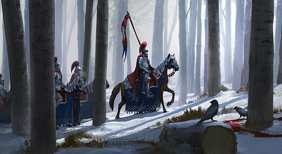 Caballero de plata montado en caballo ilustración, ilustraciones, arte de fantasía, caballero, caballo, nieve, árboles, bosque, cuervo, Fondo de pantalla HD HD wallpaper