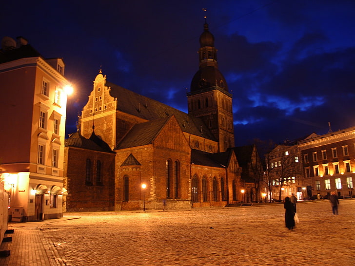 town, lights, architecture, church, Riga, cathedral, HD wallpaper