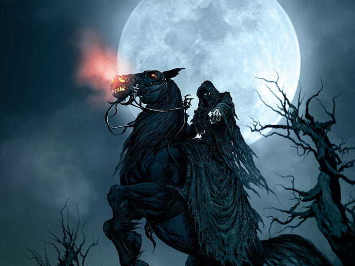 Death Grim Reaper Dark Horse Moon Halloween HD, fantasía, oscuro, luna, caballo, muerte, halloween, segador, sombrío, Fondo de pantalla HD