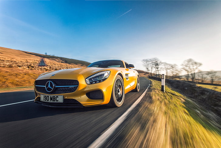 cupê Mercedes-Benz amarelo, amarelo, Mercedes, AMG, especificações do Reino Unido, 2015, GT S, C190, HD papel de parede
