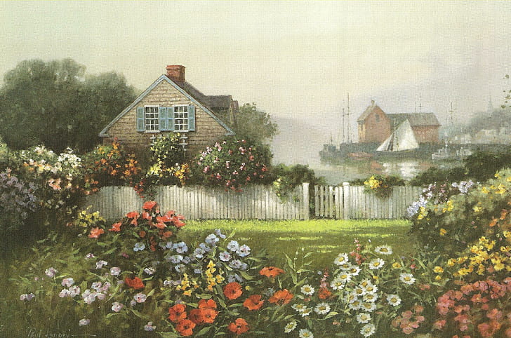 Just A Quaint Little Cottage, assorted flowers near house painting, gardens, country, cottage, sweet, flowers, animals, HD wallpaper