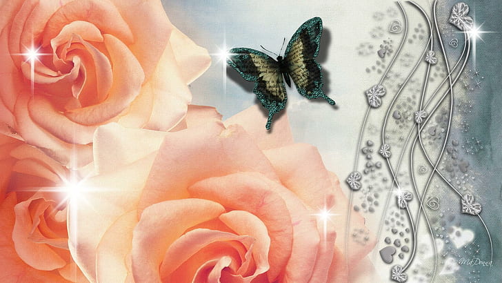 Rosen-silberne Herzen, Firefoxperson, Rosen, Sterne, Schmetterling, Blumen, Scheine, Silber, Herzen, Blau, 3d und Zusammenfassung, HD-Hintergrundbild