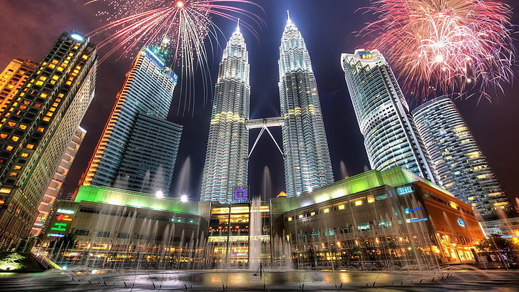 cityscape, city, building, HDR, lights, Petronas Towers, Twin Tower, fireworks, natural light, digital lighting, Kuala Lumpur, Malaysia, HD wallpaper