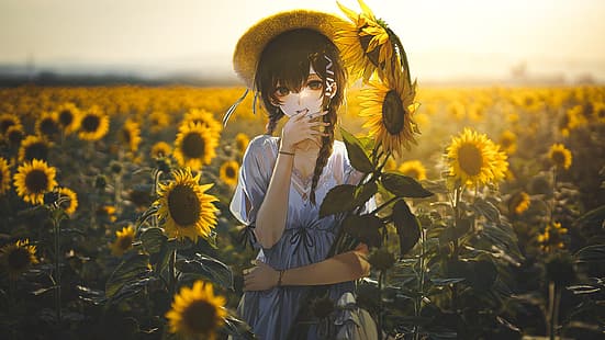  anime, collage, fantasy girl, sunflowers, field, HD wallpaper HD wallpaper