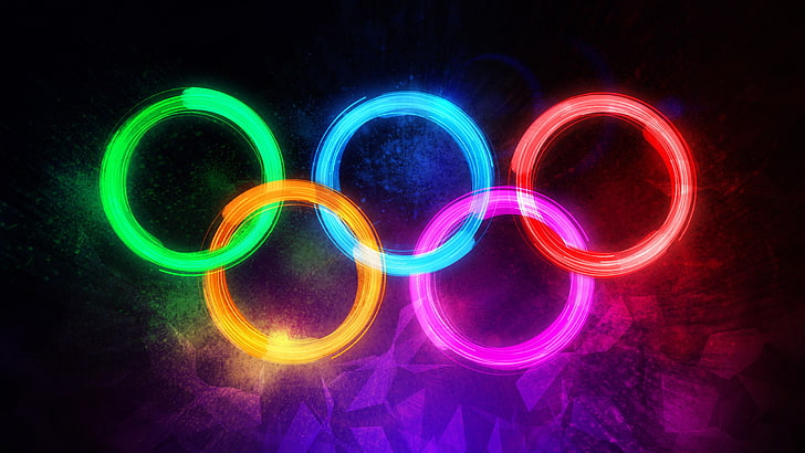 Illustrazione del logo Olimpiadi, olimpico, luminoso, cerchio, colorato, sentieri di luce, semplice, anelli, Sfondo HD