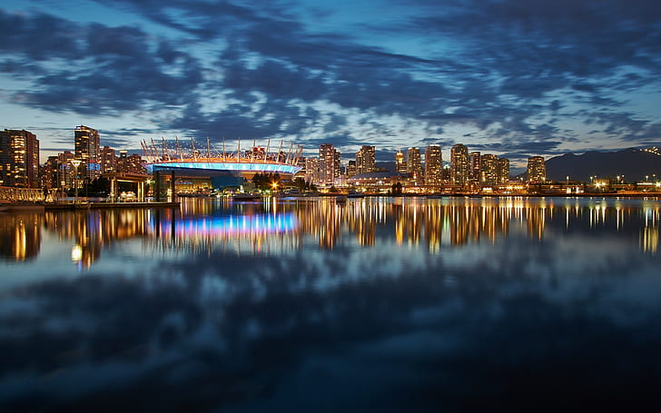 Vancouver, Canadá, cidade, noite, luzes, arranha-céus, edifícios, Vancouver, Canadá, cidade, Noite, luzes, arranha-céus, edifícios, HD papel de parede