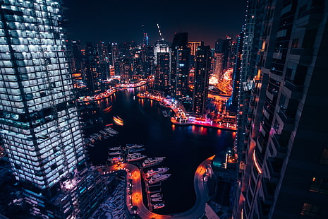 grey high-rise buildings, night city, buildings, skyscrapers, HD wallpaper HD wallpaper