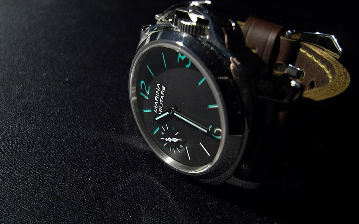 Panerai-Fashion jam tangan merek iklan Wallpape .., arloji analog bulat perak dengan band kulit coklat, Wallpaper HD