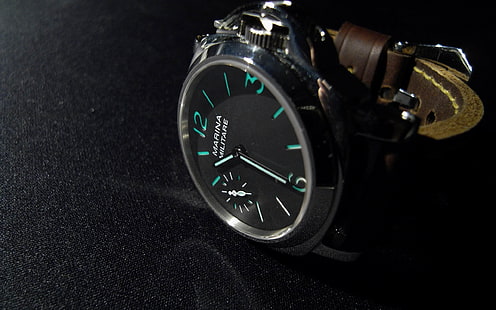 Panerai-Fashion guarda il marchio pubblicitario Wallpape .., orologio analogico tondo color argento con cinturino in pelle marrone, Sfondo HD HD wallpaper
