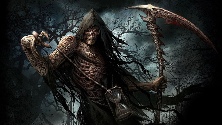 Ilustración de Grim Reaper, Grim Reaper, muertos vivientes, arte de fantasía, cráneo, reloj de arena, capa, Fondo de pantalla HD