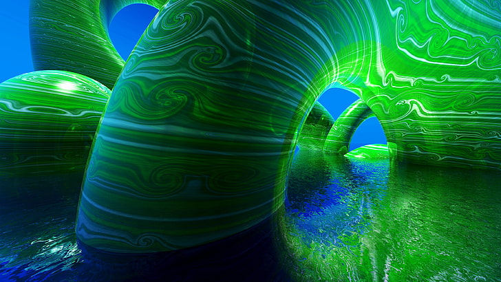 ภาพวาดนามธรรมสีเขียวและสีน้ำเงิน CGI น้ำนามธรรม, วอลล์เปเปอร์ HD