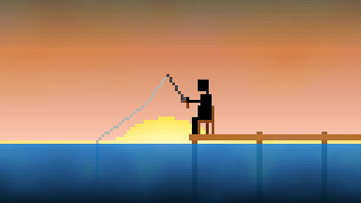 man sitting on chair while fishing minecraft sketch, artwork, pixels, HD wallpaper