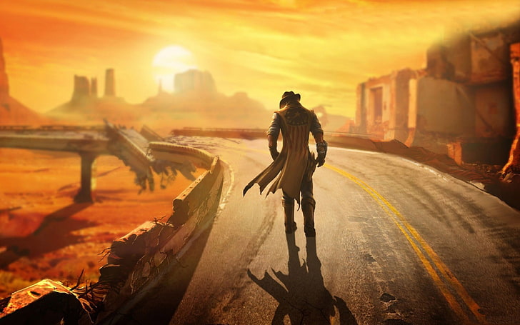personagem animado de cowboy caminhando pela ponte em ruínas, videogames, personagens de videogame, Fallout: New Vegas, Lonesome Road, Fallout, HD papel de parede