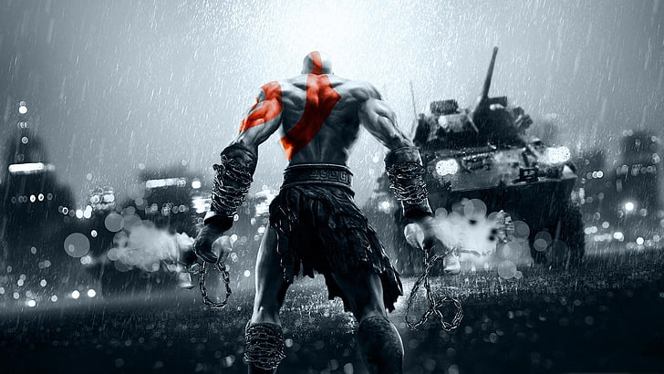 Kratos from God of War illustration, city, China, red, sword, gun, game, rain, weapon, grey, war, Kratos, God of War, Battlefield, man, crossover, tatoo, General, hero, spartan, tank, rage, strong, fury, machine gun, epic, chain, muscular, demi god, Commander, cannon, bald, greek, heavy weapon, montage, Blade of Chaos, moder was, Battefield 4, confront, Blade of Exile, Battlefield 4 China Rising, to face, HD wallpaper