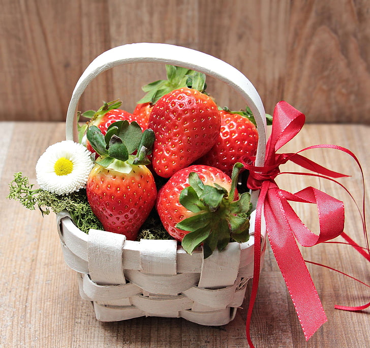 bands, basket, bless you, bloom, blossom, food, fruit, green, greeting card, healthy, loop, map, moss, nutrition, red, red bow, red ribbons, spring, strawberries, white, white basket, white flower, HD wallpaper