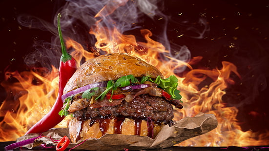 приготовленный гамбургер, гамбургер, стейк, огонь, фаст фуд, перец, 5к, HD обои HD wallpaper