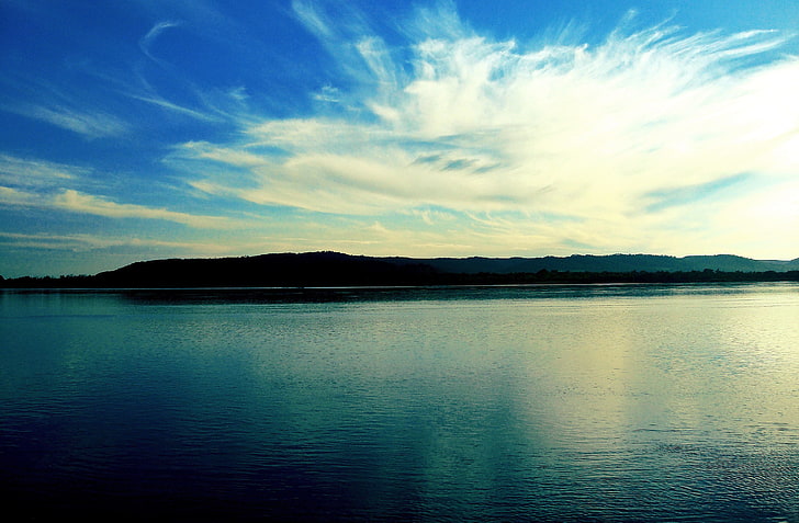 body of water and mountain, blue, clouds, landscape, lake, sky, water, nature, HD wallpaper