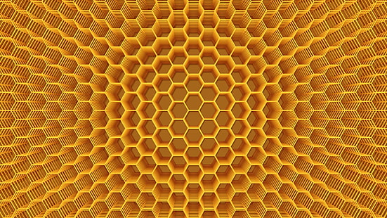 yellow, honeycomb, pattern, symmetry, texture, optical illusion, illusion, 3d, digital art, computer graphics, artwork, HD wallpaper HD wallpaper
