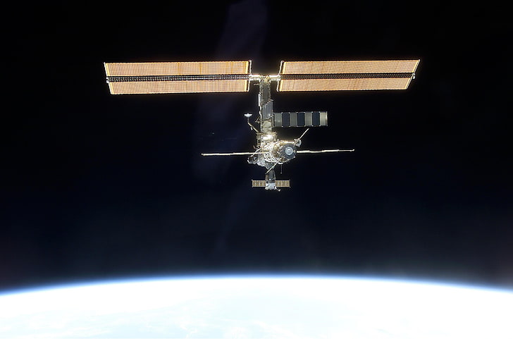 black and brown satellite, space, ship, iss, world, earth, orbit, HD wallpaper
