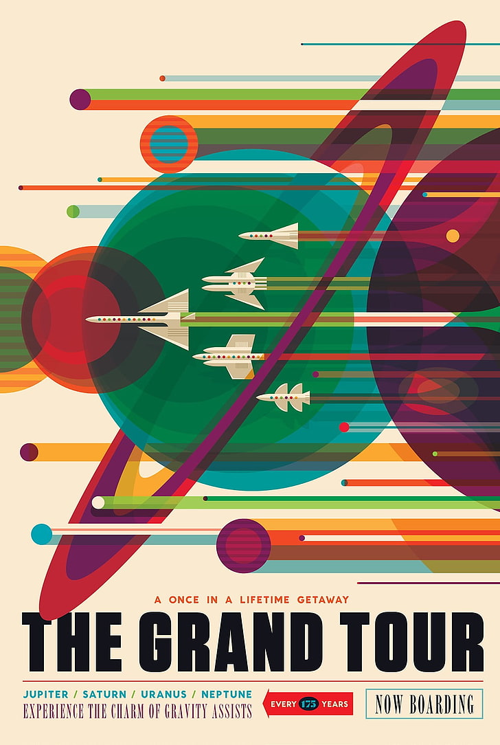 Плакат Grand Tour, космос, планета, стиль материала, постеры о путешествиях, НАСА, научная фантастика, JPL (Лаборатория реактивного движения), HD обои, телефон обои