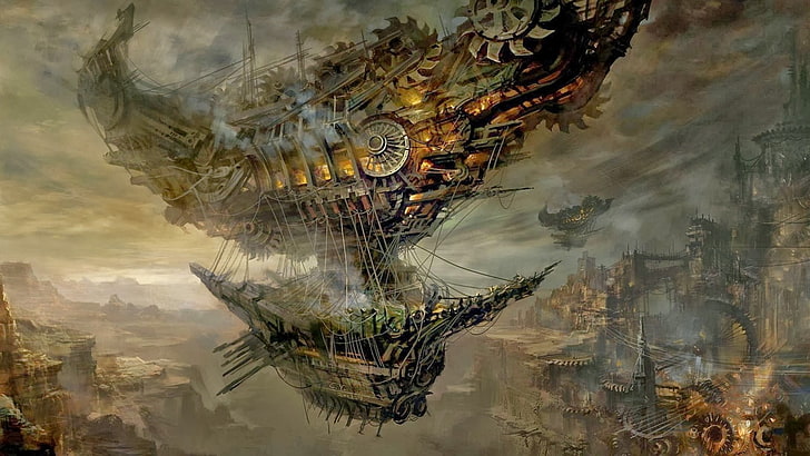 wallpaper kapal ruang angkasa futuristik abu-abu, steampunk, airships, kota fantasi, seni fantasi, Wallpaper HD