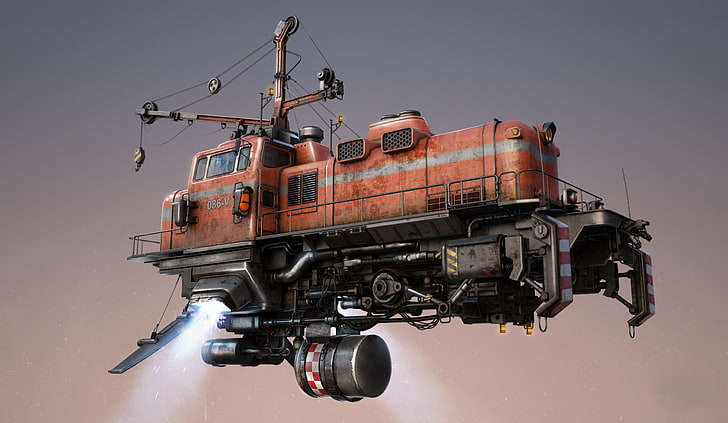 orange and black vehicle, orange and gray movie aircraft, diesel locomotive, digital art, machine, technology, drawing, steampunk, floating, simple background, pipes, vehicle, artwork, futuristic, flying, steampunk airship, dieselpunk, dieselpunk airship, CGI, HD wallpaper