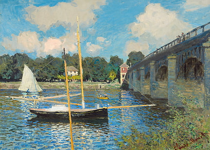 paisagem, barco, imagine, vela, Claude Monet, A ponte em Argenteuil, HD papel de parede HD wallpaper