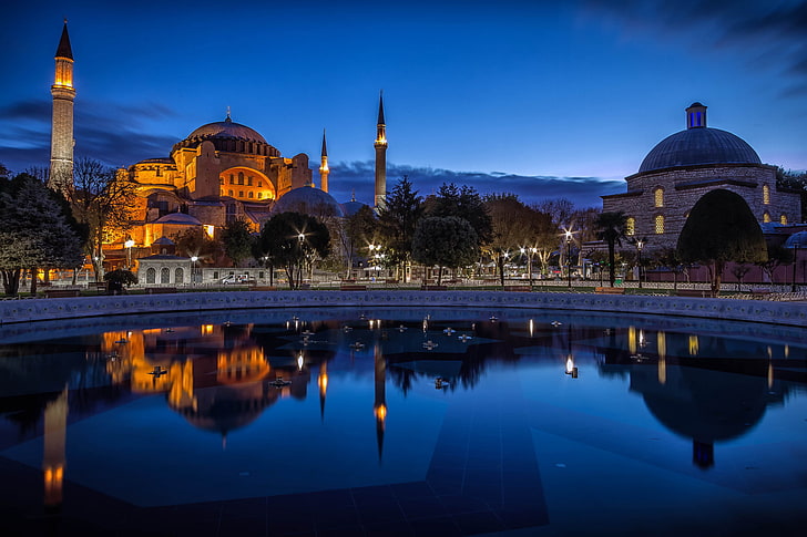 vattenkropp, ljus, staden, kvällen, Istanbul, Turkiet, Hagia Sophia, HD tapet