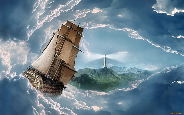 Ilustración de barco galeón, velero, mar, faro, arte de fantasía, barco, obra de arte, Fondo de pantalla HD