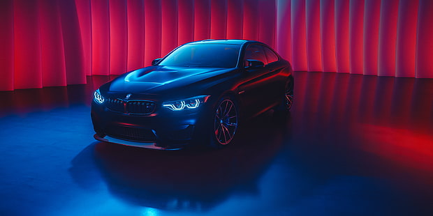 schwarze BMW Limousine, BMW, BMW M4, Auto, Cyan, Blau, Rot, leuchtende, schwarze Autos, HD-Hintergrundbild HD wallpaper