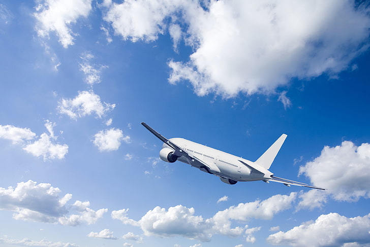 beyaz uçak, gökyüzü, bulutlar, uçuş, uçak, mavi, yükselişi, havada, yolcu, HD masaüstü duvar kağıdı