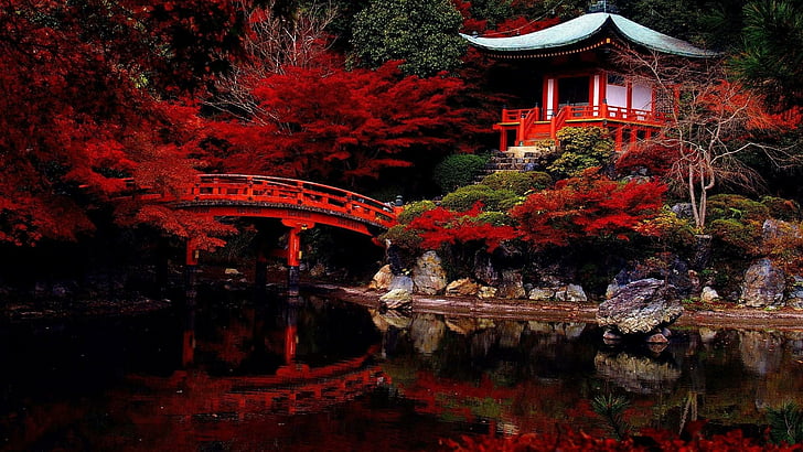 японски, японска градина, храм дайго-джи, храм дайго джи, храм дайгоджи, храм, Киото, Япония, червени листа, HD тапет