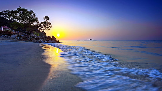 océano, mar, olas, cielo, sol, salida del sol, amanecer, árbol, agua, playa, Fondo de pantalla HD HD wallpaper