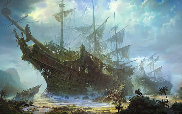 fantasikonst, hav, skeppsbrott, gammalt skepp, HD tapet